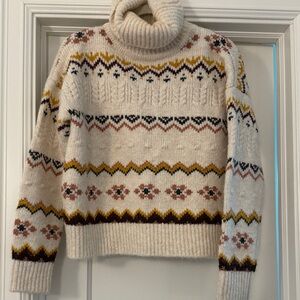 Evereve Cream, Gold and Wine Patterned Turtleneck Sweater